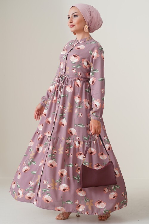 Merterium 2144 Hakim Yaka Tesettür Elbise - D.Gül Kurusu