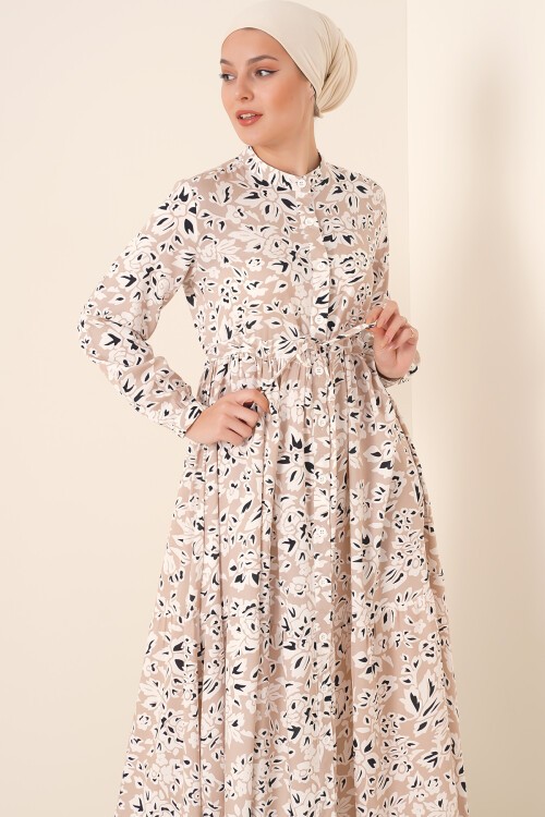 2144 Hakim Yaka Tesettür Elbise - Krem