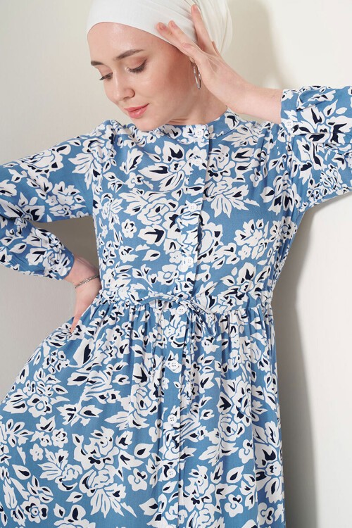 Merterium 2144 Hakim Yaka Tesettür Elbise - Mavi