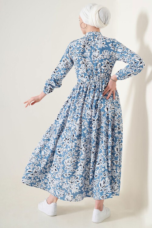 Merterium 2144 Hakim Yaka Tesettür Elbise - Mavi