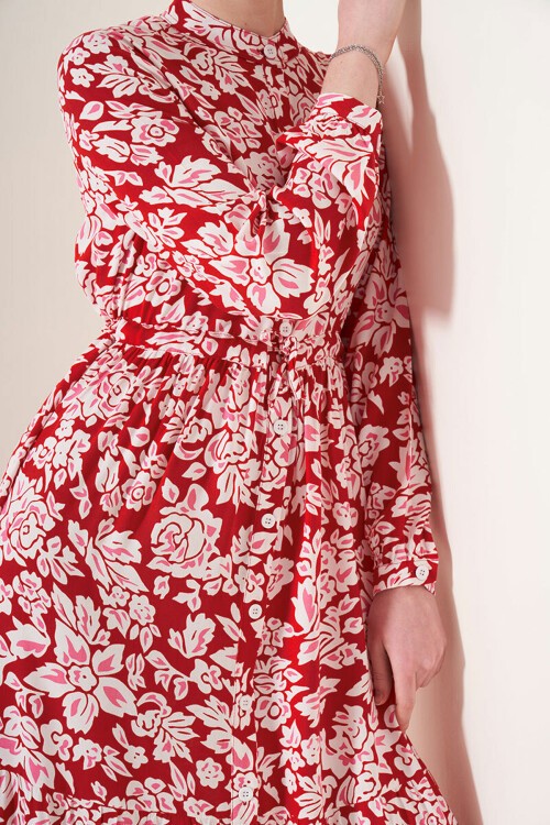 Merterium 2144 Hakim Yaka Tesettür Elbise - Nar