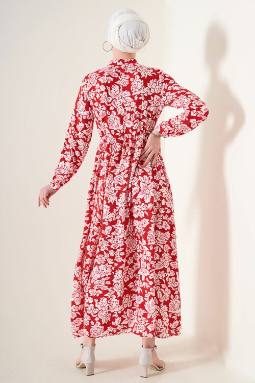 Merterium 2144 Hakim Yaka Tesettür Elbise - Nar