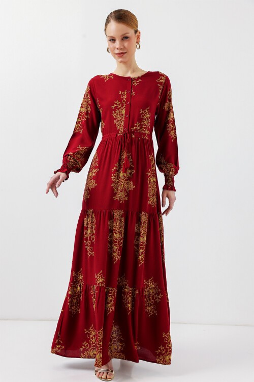 Merterium 2145 Desenli Tesettür Elbise - B.Kırmızı