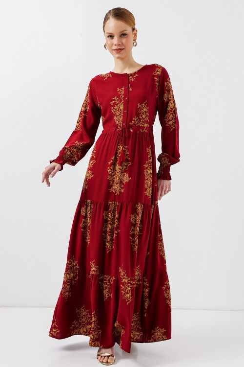 Merterium 2145 Desenli Tesettür Elbise - B.Kırmızı