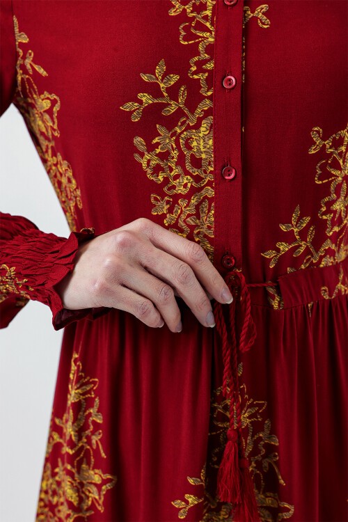 Merterium 2145 Desenli Tesettür Elbise - B.Kırmızı