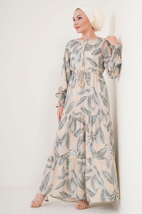 Merterium 2145 Desenli Tesettür Elbise - Bej