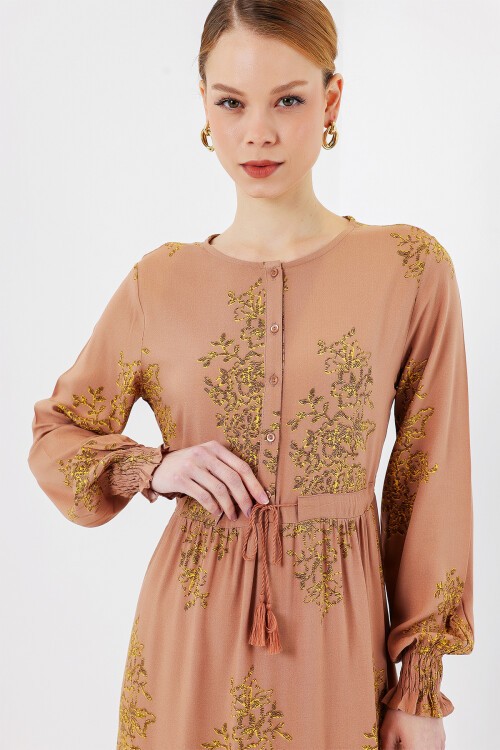 Merterium 2145 Desenli Tesettür Elbise - Bisküvi