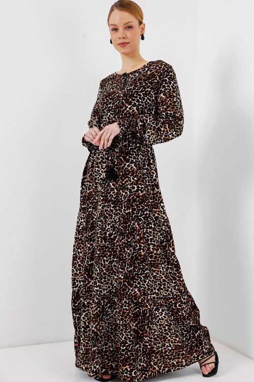 Merterium 2145 Desenli Tesettür Elbise - C. Kahverengi