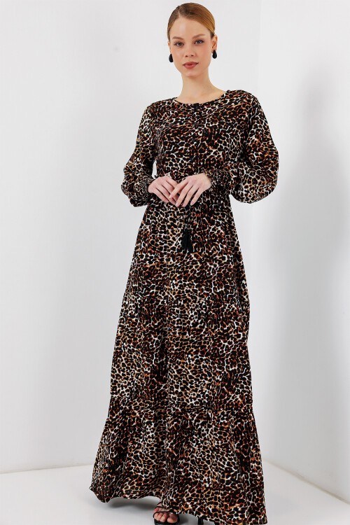 Merterium 2145 Desenli Tesettür Elbise - C. Kahverengi