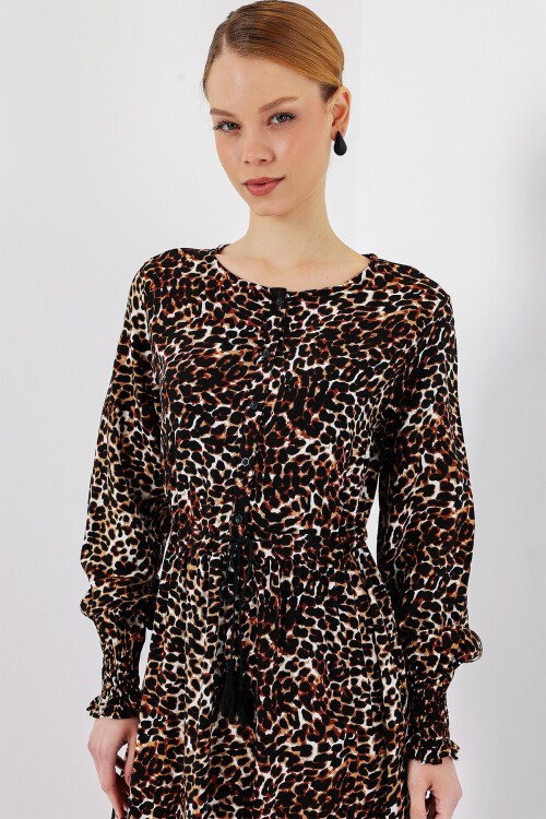 Merterium 2145 Desenli Tesettür Elbise - C. Kahverengi