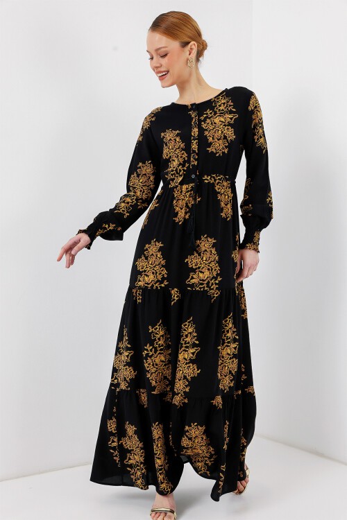 Merterium 2145 Desenli Tesettür Elbise - C.Siyah