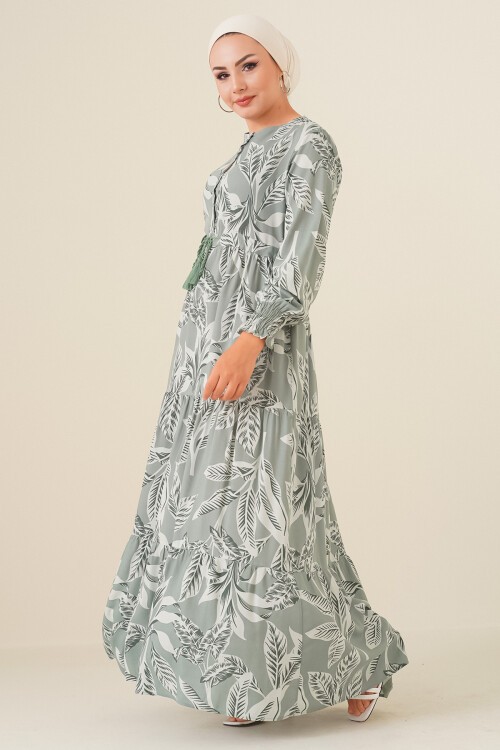 Merterium 2145 Desenli Tesettür Elbise - Çağla