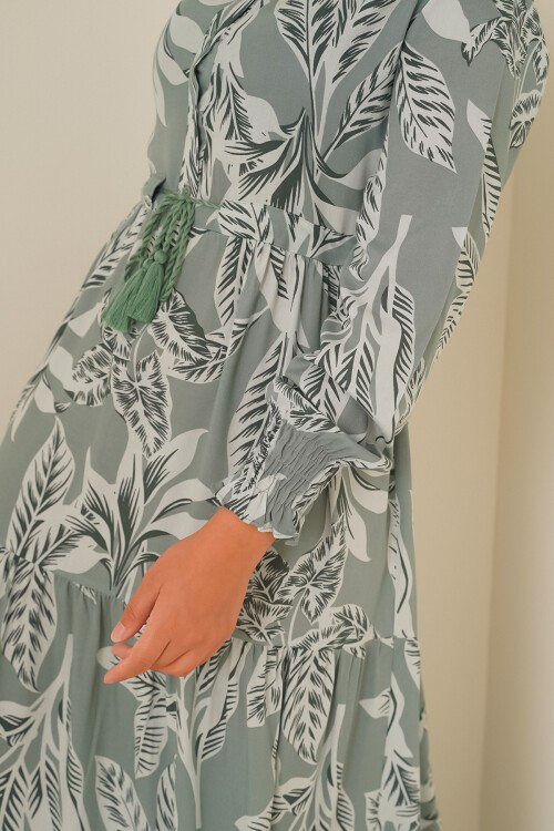 Merterium 2145 Desenli Tesettür Elbise - Çağla