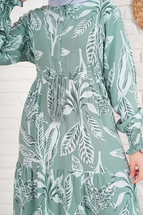 Merterium 2145 Desenli Tesettür Elbise - Haki