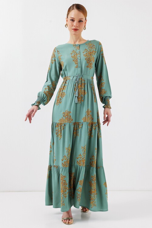 Merterium 2145 Desenli Tesettür Elbise - Mint