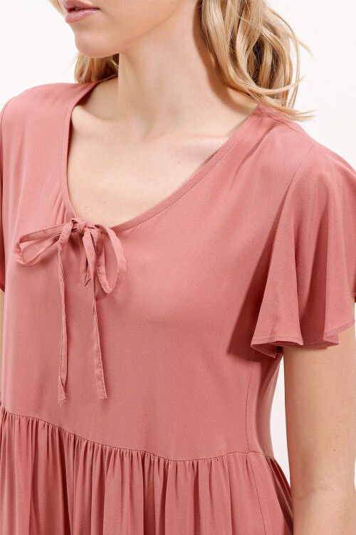 Merterium 2352 V Yaka Kısa Elbise - D.Gül Kurusu