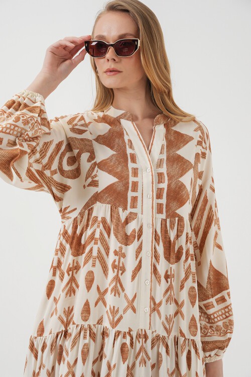 Merterium 2423 Otantik Desenli Tesettür Elbise - B. Hardal