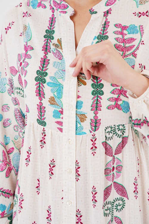 Merterium 2423 Otantik Desenli Tesettür Elbise - B.Pembe