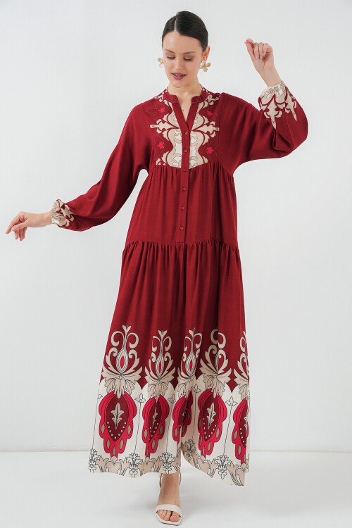 Merterium 2423 Otantik Desenli Tesettür Elbise - C. Bordo