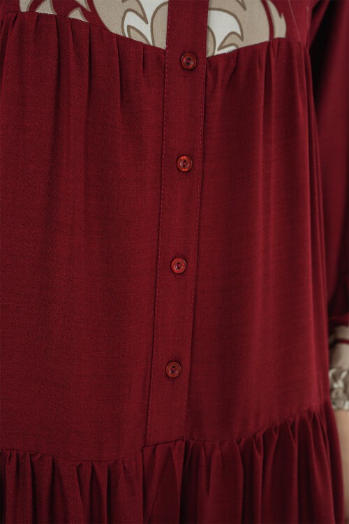 Merterium 2423 Otantik Desenli Tesettür Elbise - C. Bordo