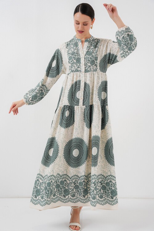Merterium 2423 Otantik Desenli Tesettür Elbise - C. Çağla