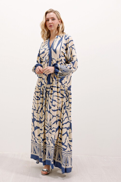 Merterium 2423 Otantik Desenli Tesettür Elbise - C. İndigo