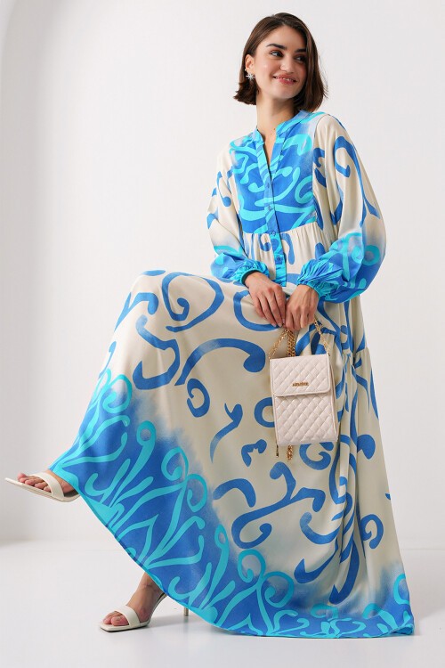 Merterium 2423 Otantik Desenli Tesettür Elbise - C.Mavi