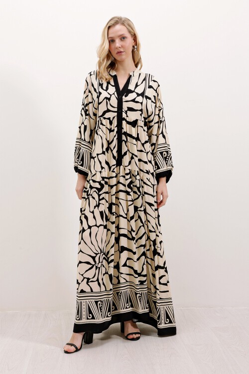 Merterium 2423 Otantik Desenli Tesettür Elbise - C.Siyah