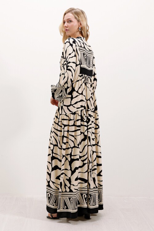 Merterium 2423 Otantik Desenli Tesettür Elbise - C.Siyah