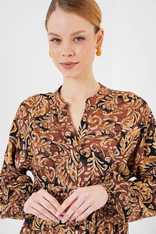 Merterium 2423 Otantik Desenli Tesettür Elbise - Camel