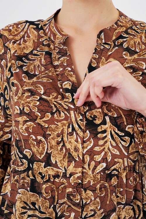 Merterium 2423 Otantik Desenli Tesettür Elbise - Camel