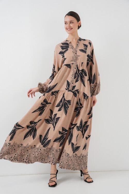 Merterium 2423 Otantik Desenli Tesettür Elbise - D.Vizon