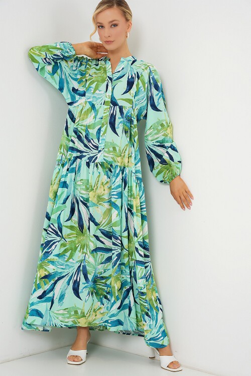 Merterium 2423 Otantik Desenli Tesettür Elbise - E.Mint