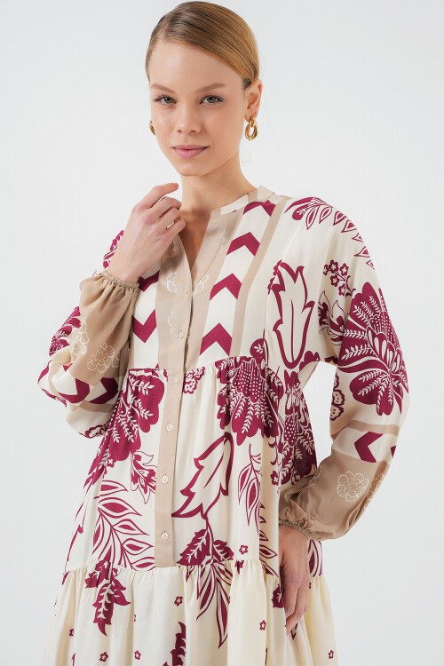 Merterium 2423 Otantik Desenli Tesettür Elbise - F. Fuşya