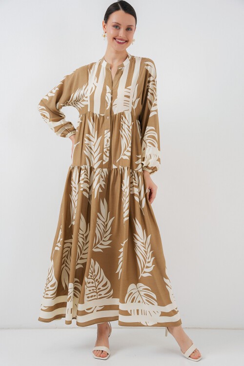 Merterium 2423 Otantik Desenli Tesettür Elbise - F.Vizon