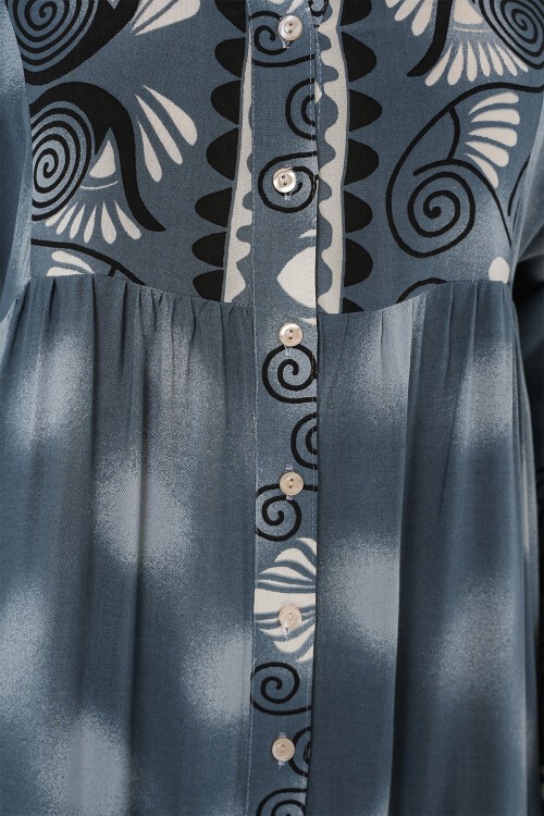 Merterium 2423 Otantik Desenli Tesettür Elbise - Gri