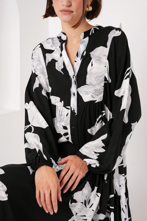 Merterium 2423 Otantik Desenli Tesettür Elbise - J. Siyah