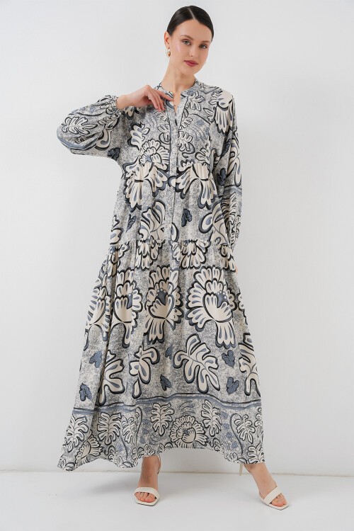 Merterium 2423 Otantik Desenli Tesettür Elbise - K. Antrasit