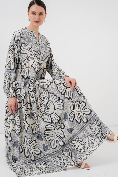 Merterium 2423 Otantik Desenli Tesettür Elbise - K. Antrasit