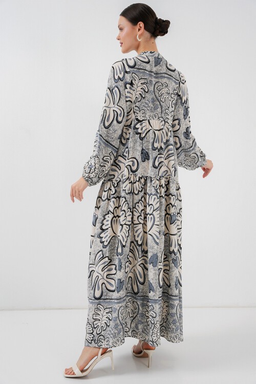 Merterium 2423 Otantik Desenli Tesettür Elbise - K. Antrasit