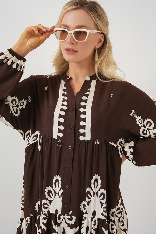 Merterium 2423 Otantik Desenli Tesettür Elbise - Koyu Kahve