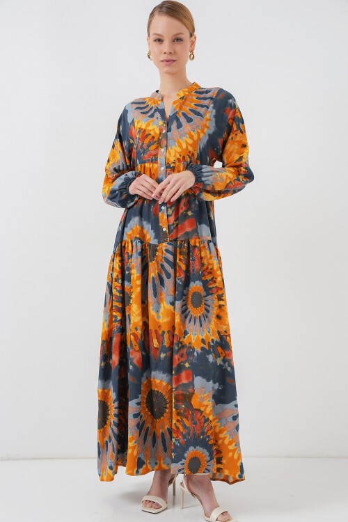 Merterium 2423 Otantik Desenli Tesettür Elbise - L. Turuncu