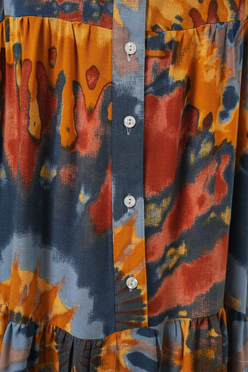 Merterium 2423 Otantik Desenli Tesettür Elbise - L. Turuncu