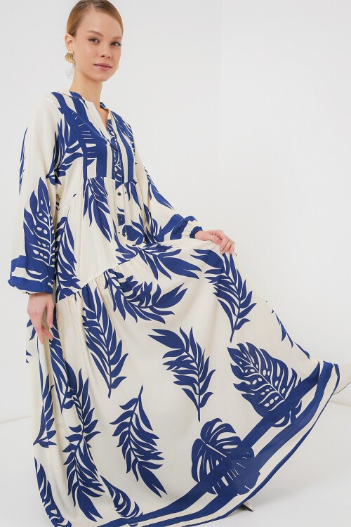 Merterium 2423 Otantik Desenli Tesettür Elbise - Lacivert 0