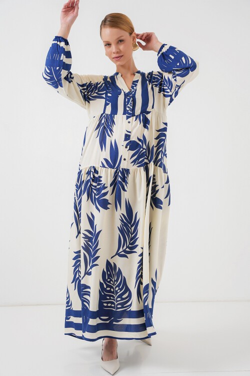 Merterium 2423 Otantik Desenli Tesettür Elbise - Lacivert 0