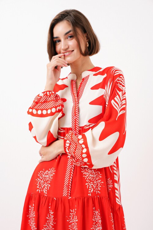 Merterium 2423 Otantik Desenli Tesettür Elbise - M. Kırmızı