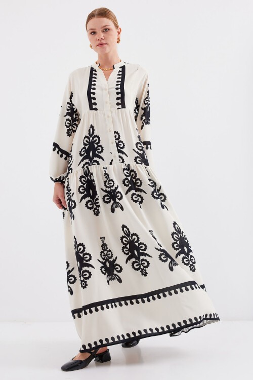 Merterium 2423 Otantik Desenli Tesettür Elbise - M. Krem