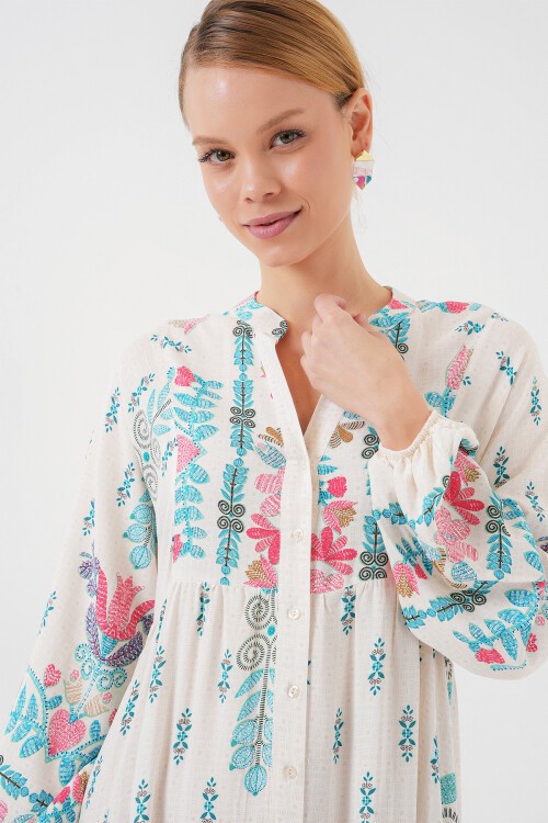 Merterium 2423 Otantik Desenli Tesettür Elbise - M. Mavi