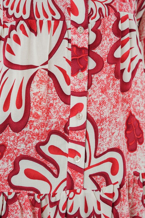 Merterium 2423 Otantik Desenli Tesettür Elbise - N. Kırmızı