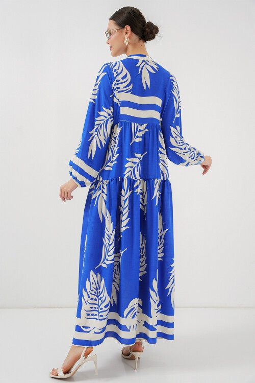 Merterium 2423 Otantik Desenli Tesettür Elbise - Saks 3